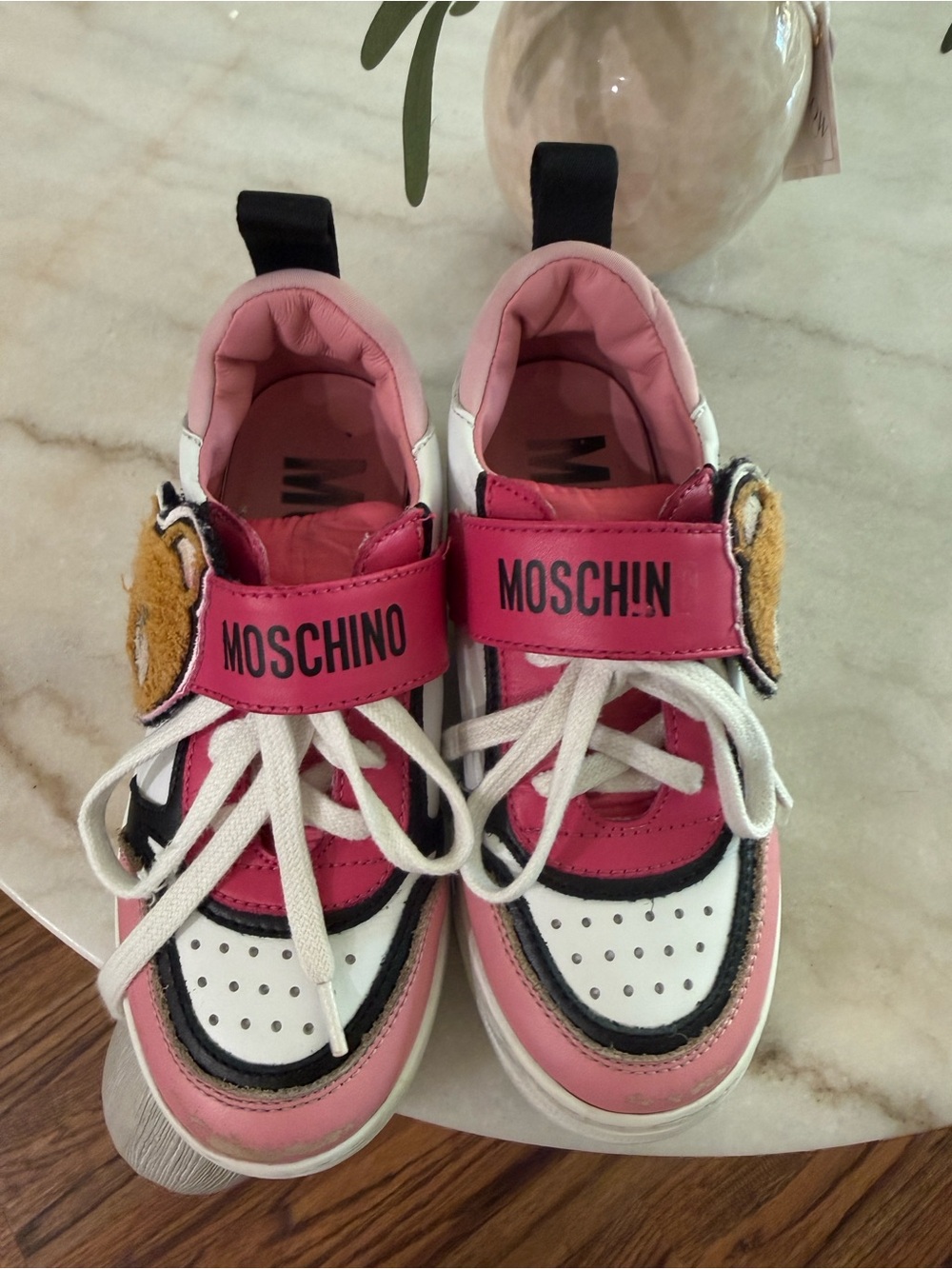 Moschino Kids Pink, White & Black Logo Strap Sneakers